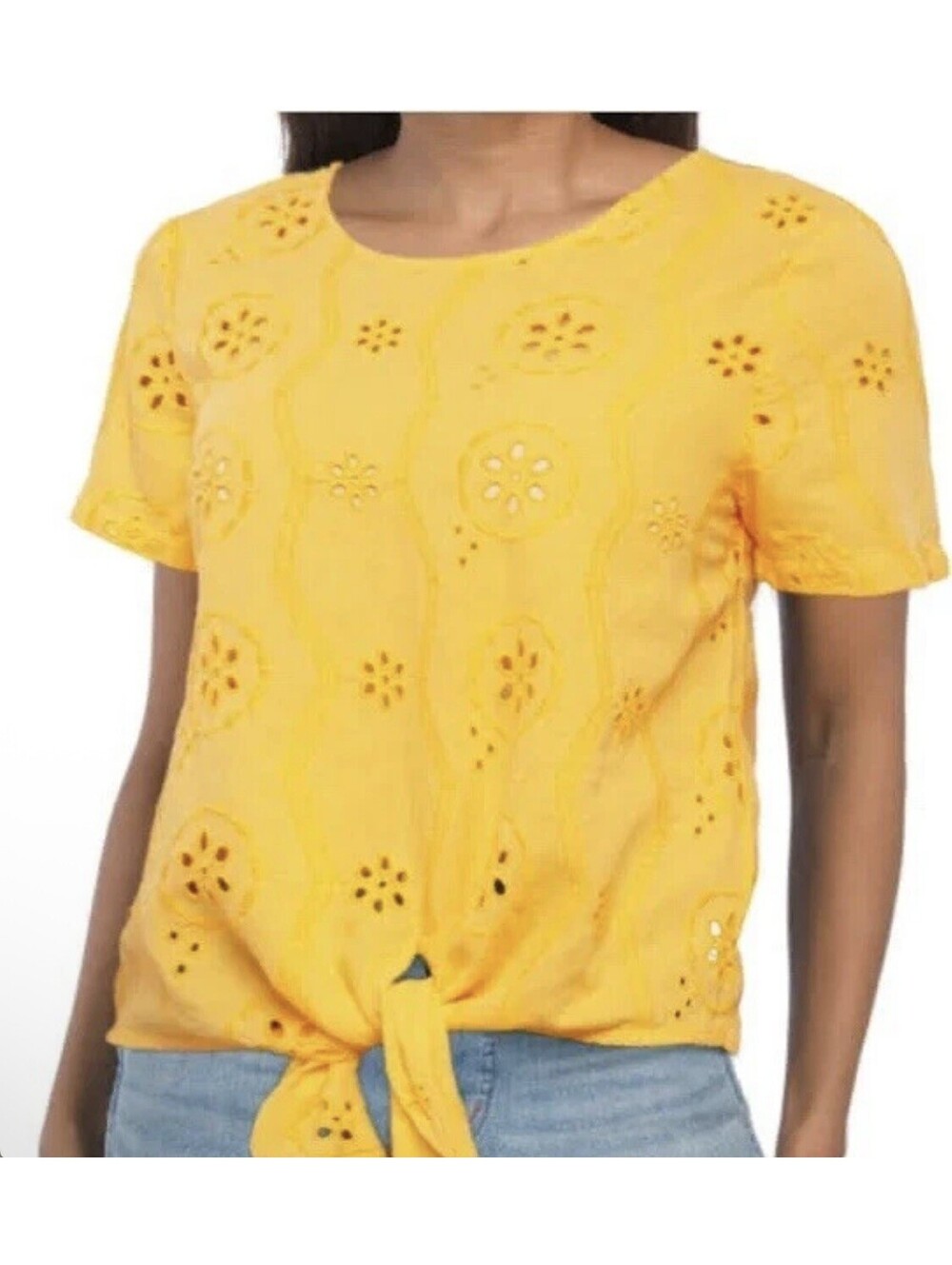 Christian Siriano Linen / Cotton Blend Tie-Front Eyelet Blouse Shirt M